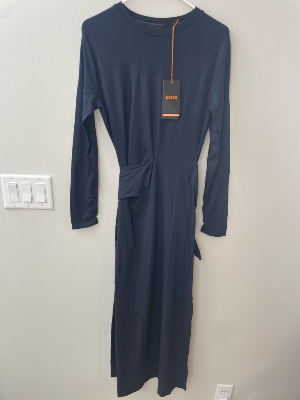 Boss Hugo Erlot Tie Long Sleeve Midi Dress Side Tie Modal Navy Blue Size S NWT - Picture 1 of 14